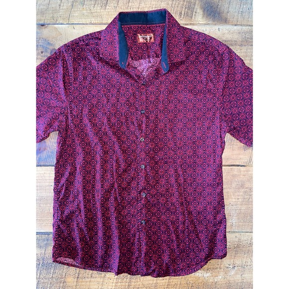 Mens Consequence Button Up Shirt‎ Red Floral Short Sleeve Slim Fit Large - Picture 1 of 5